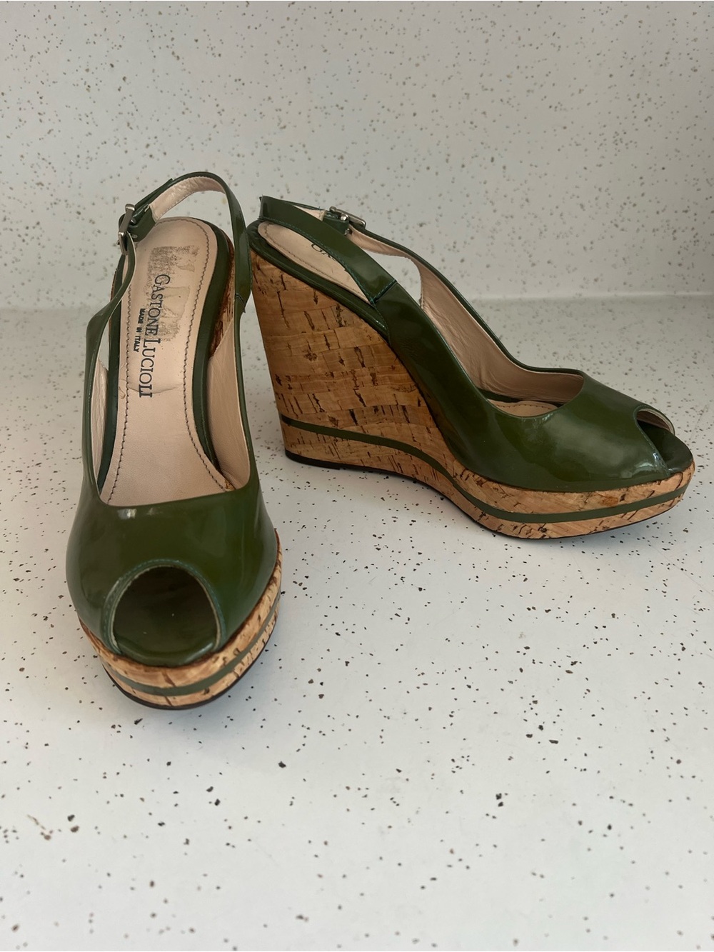 Gastone Luccioli Olive Green Patent Cork Wedge Peep-Toe Sandals